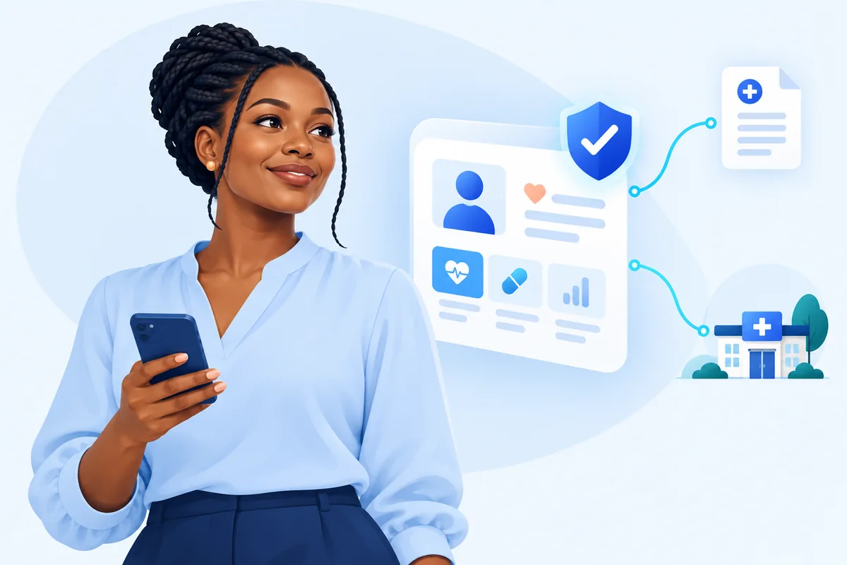 Illustration of a patient carrying her digital health information on a phone
